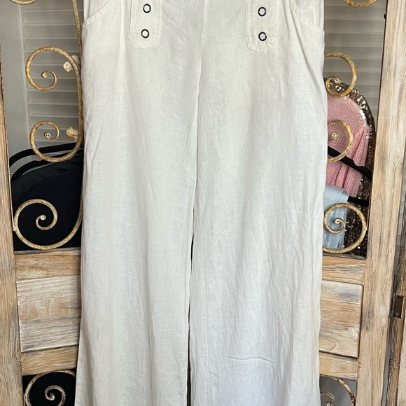 LONDONJEAN Pants - Linen SZ 6, London Jean Stark White Wide Leg Trousers.